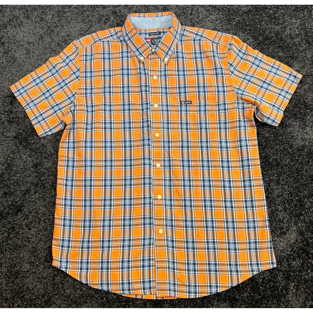 Chaps Men's L Short Sleeve Button Down Plaid Orange Blue Easy Care Shirt